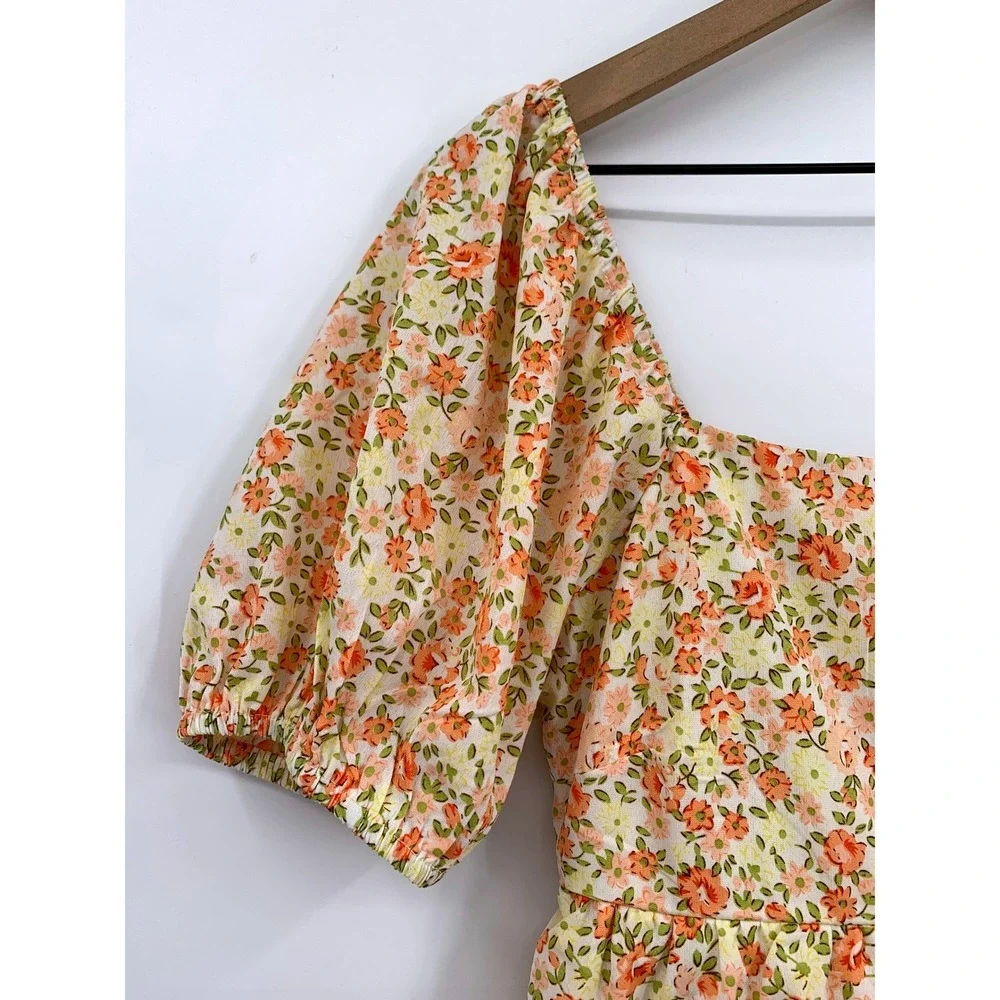 Altar'd State Dress Womens Medium Orange Floral Tiered Smocked Puff Sleeve